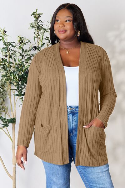 Basic Bae Full Size Ribbed Open Front Cardigan with Pockets - Alonna's Legging Land