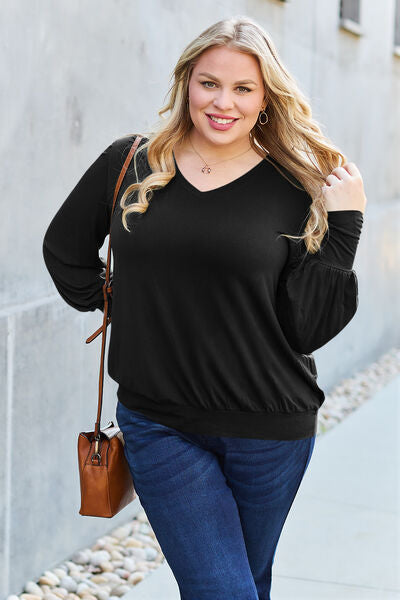 Basic Bae Full Size V-Neck Lantern Sleeve Blouse - Alonna's Legging Land